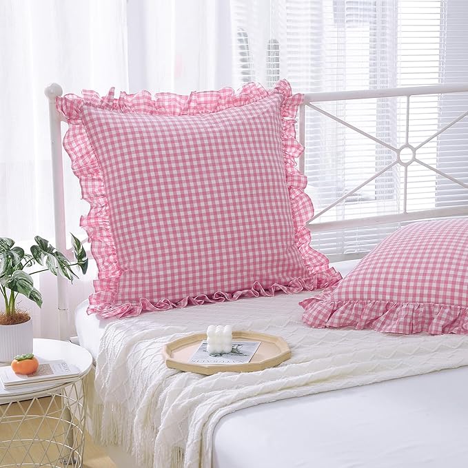 2 Pack Pink White Plaid Gingham Ruffle Euro Pillow Sham Covers, 100% Yarn-Dyed - Image 7