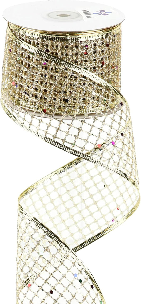MEEDEE Champagne Gold Glitter Christmas Ribbon 2.5 Inch Square Mesh Net Wired by MEEDEE
