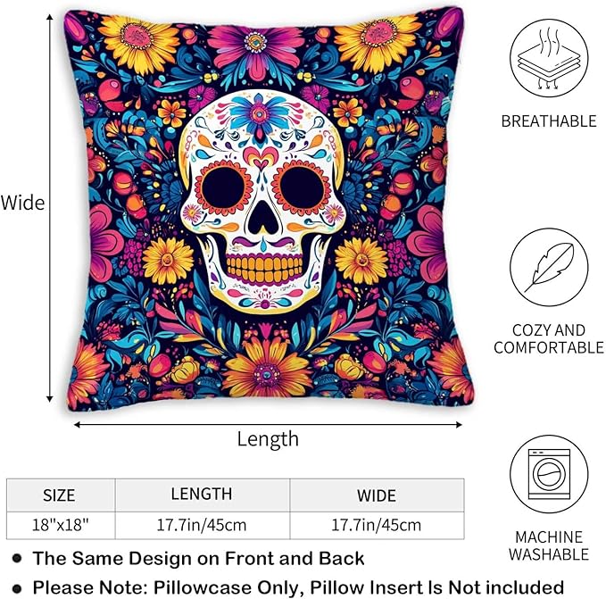 Sugar Skull Pillow Covers 18x18 Set of 2, Day of The Dead Halloween Cushion - Image 5