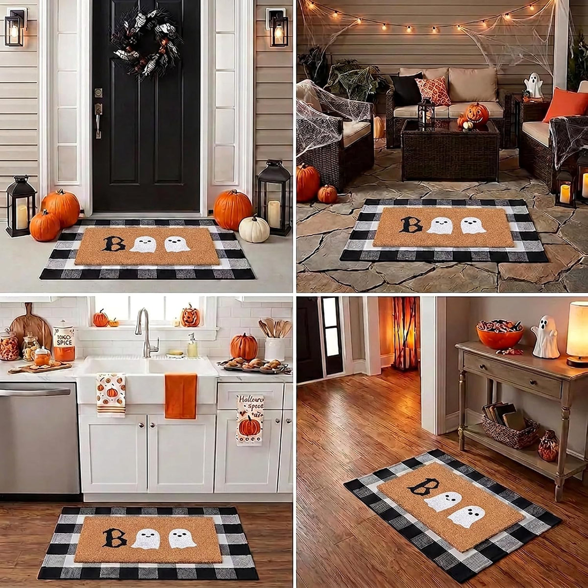 Halloween Door Mat Combo Set, Boo Ghost Coco Coir Welcome Doormat + 28" x 43" Black and White Plaid Rug, Autumn Halloween Front Porch Entryway Decor Floor Mat