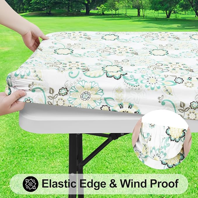 Smiry Rectangle Picnic Tablecloth, Waterproof Elastic Fitted Table Covers - Image 2