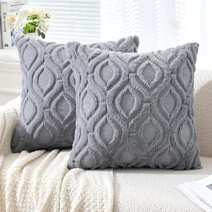 MIULEE Grey Blue Throw Pillow Covers 16x16 Inch, Soft Winter Plush Faux Wool by MIULEE