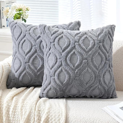 MIULEE Grey Blue Throw Pillow Covers 16x16 Inch, Soft Winter Plush Faux Wool by MIULEE