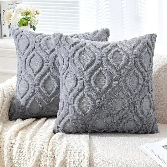 MIULEE Grey Blue Throw Pillow Covers 16x16 Inch, Soft Winter Plush Faux Wool by MIULEE