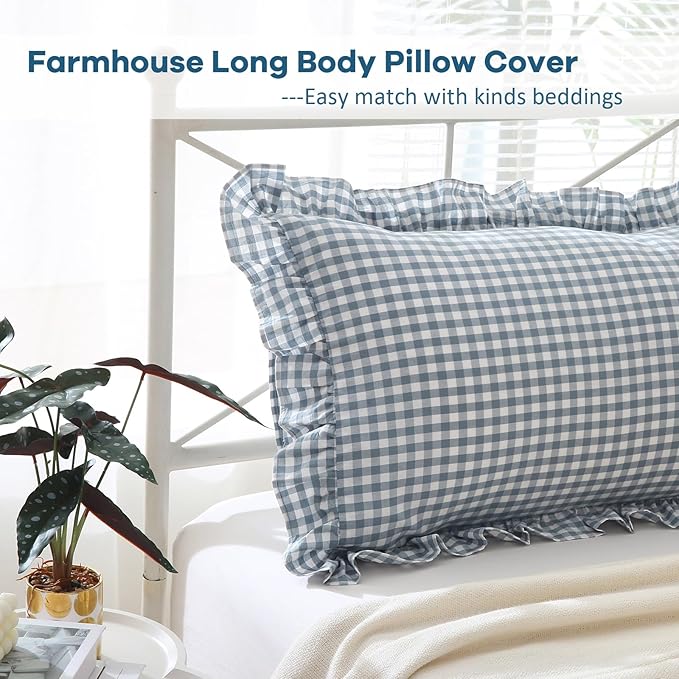 Dust Blue White Plaid Gingham Ruffle Body Pillow Cover, 100% Washed Cotton - Image 3