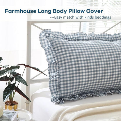 Dust Blue White Plaid Gingham Ruffle Body Pillow Cover, 100% Washed Cotton - Image 3