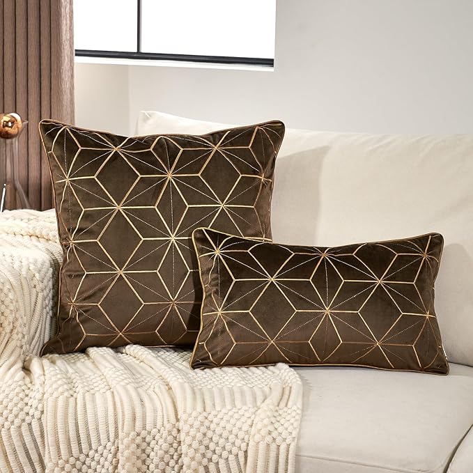 Aeckself Dark Brown Gold Plaid Geometric Throw Pillow Covers 18x18 Inch - Image 4