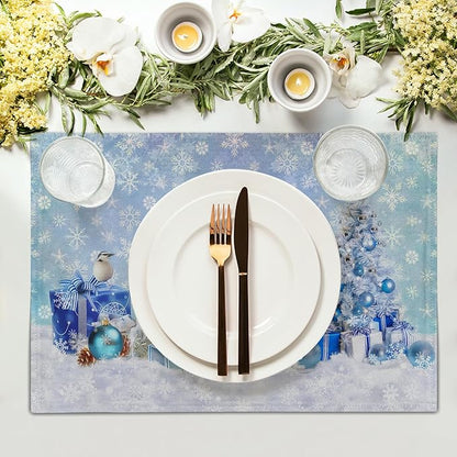 Giwawa Blue Snowman Placemats Set of 4 Christmas Trees Balls Winter Snowflakes - Image 3