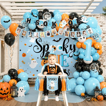 Spooky One Birthday Decorations Boy,123pcs Halloween 1st Birthday Party Decorations The Spooky One Banner Backdrop Tablecloth Cake Topper Balloon Arch for First birthday Halloween Decor