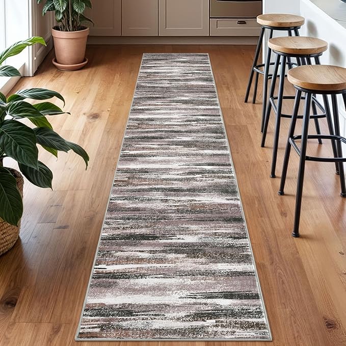 Modern Abstract Runner Rug 2x10, Dark Light Brown White Washable Long Kitchen - Image 2