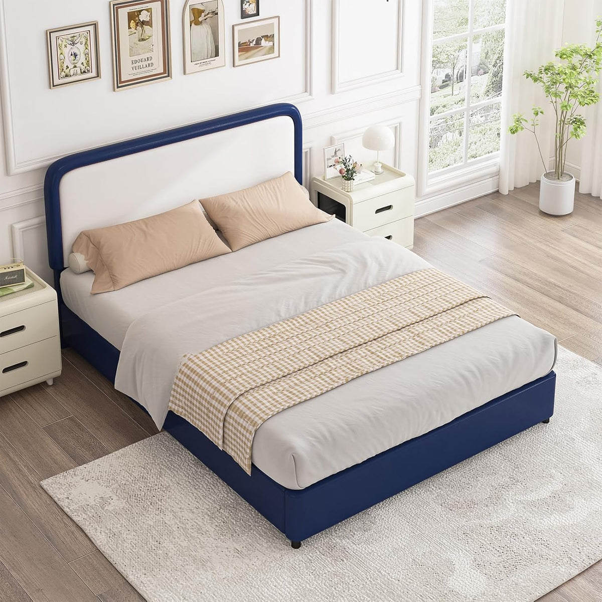 barnfurin full bed frame, curved faux leather headboard on a desk or shelf