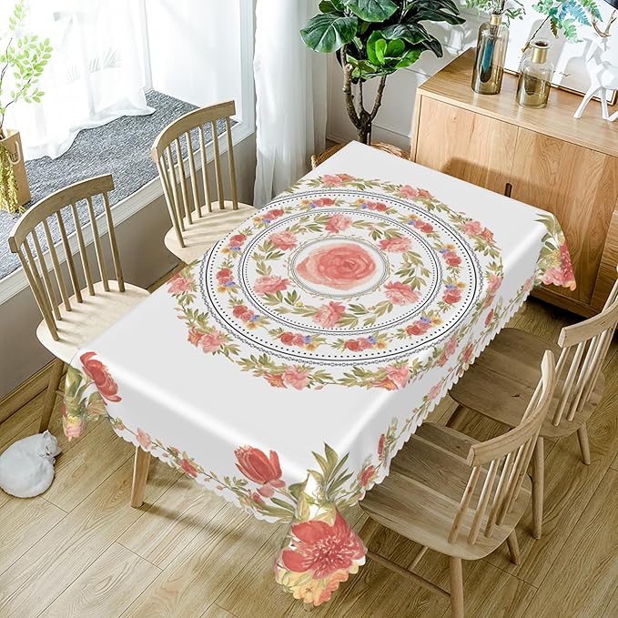 70x120inches Floral Rectangle Tablecloth Pink Rose Flower Wreath Printed - Image 5