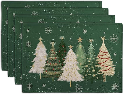 Green Christmas Tree Placemats Set of 4, 12x18 Inch Xmas Trees Snowflakes by Wnoesat
