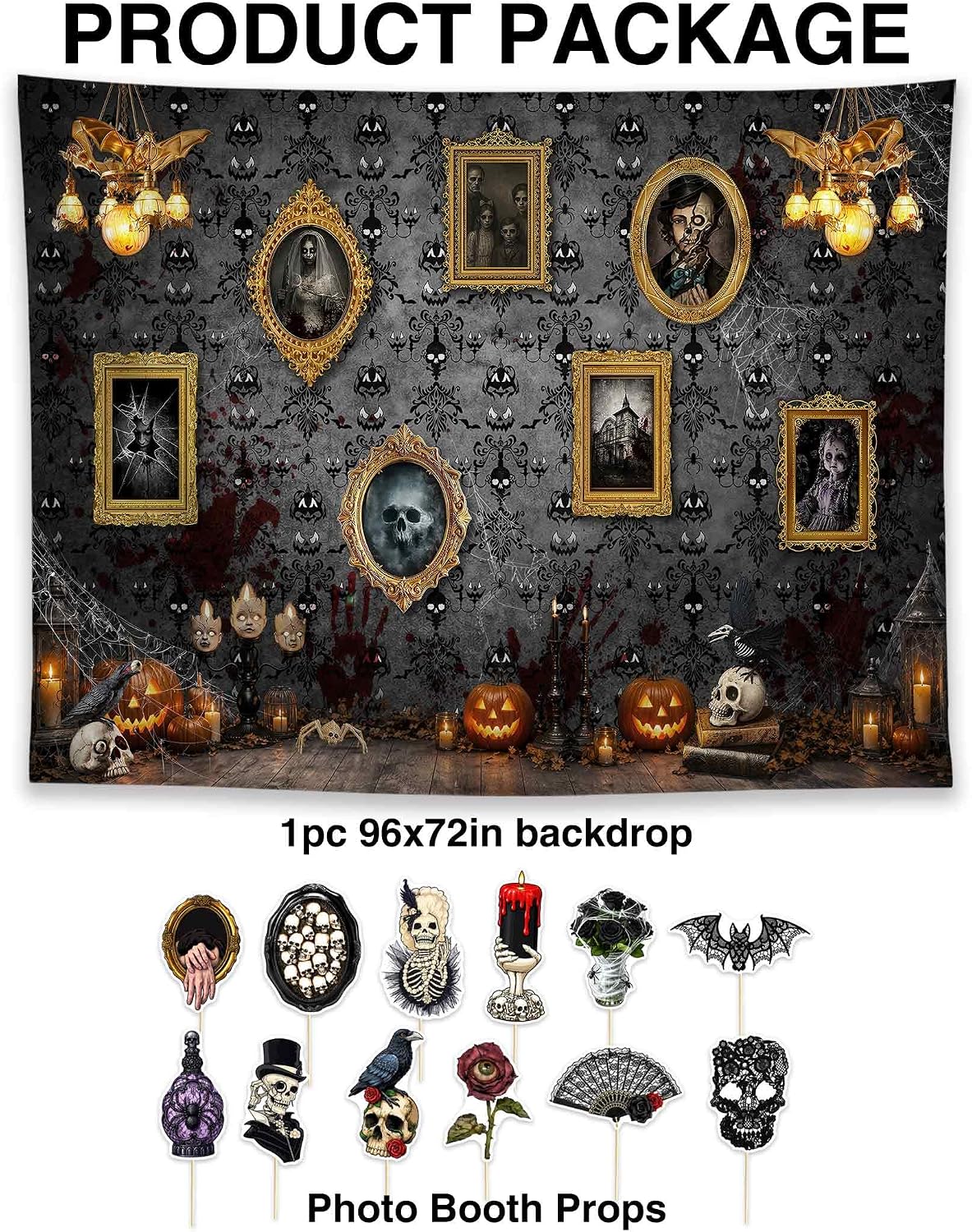 Allenjoy 96" x 72" Halloween Haunted House Photography Backdrop with Photo Booth Props, Party Decorations, Supplies and Favors