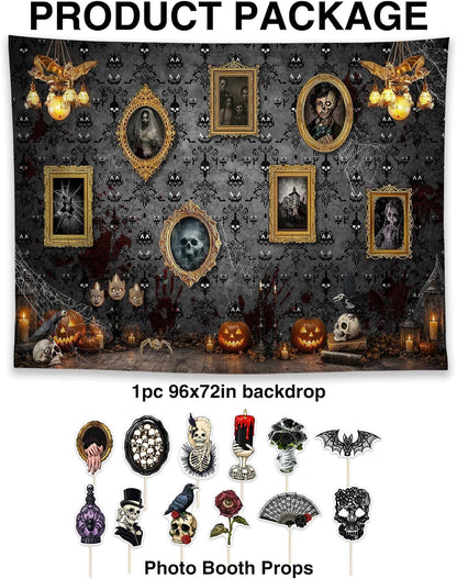 Allenjoy 96" x 72" Halloween Haunted House Photography Backdrop with Photo Booth Props, Party Decorations, Supplies and Favors