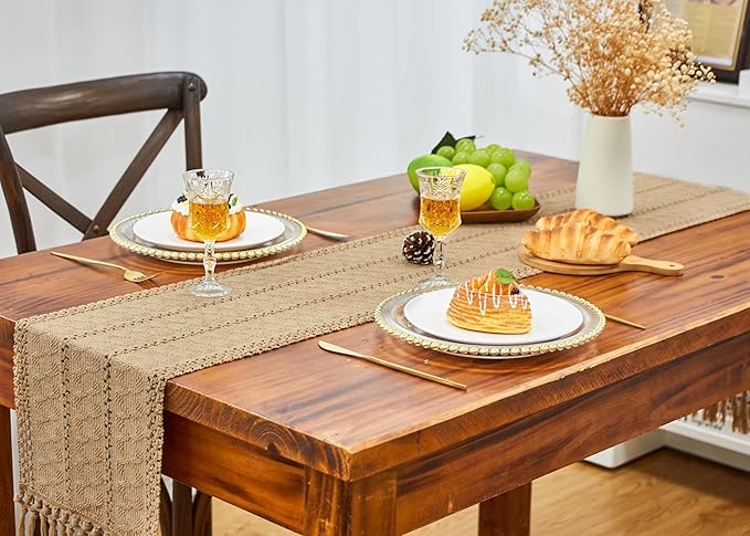 FEXIA Brown Table Runner Boho Fall Burlap Coffee - Image 5