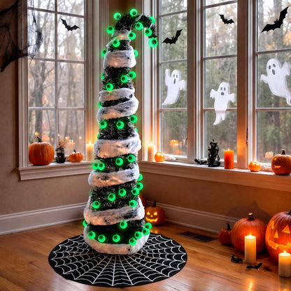 5FT Black Halloween Christmas Tree with 50 Eyeball Lights, Whimsical Pop Up Tree with Tree Skirt Battery Powered Built-in Timer Spider Decorations Stretchable Cobwebs, Indoor Outdoor Spooky Decor