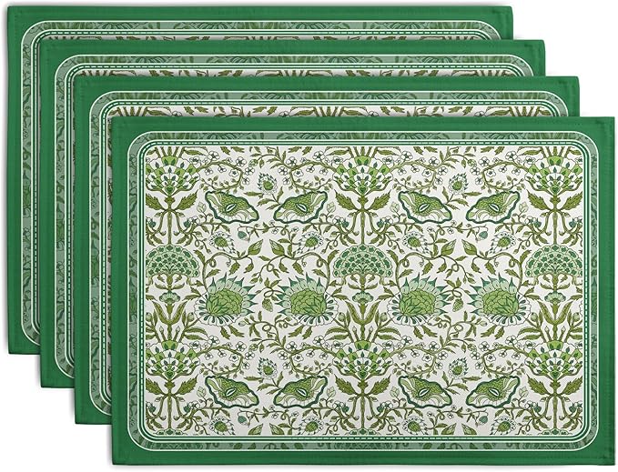 Green Floral Boho Placemats Set of 4, 12x18 Inch Vintage Chinoiserie Block by Wnoesat