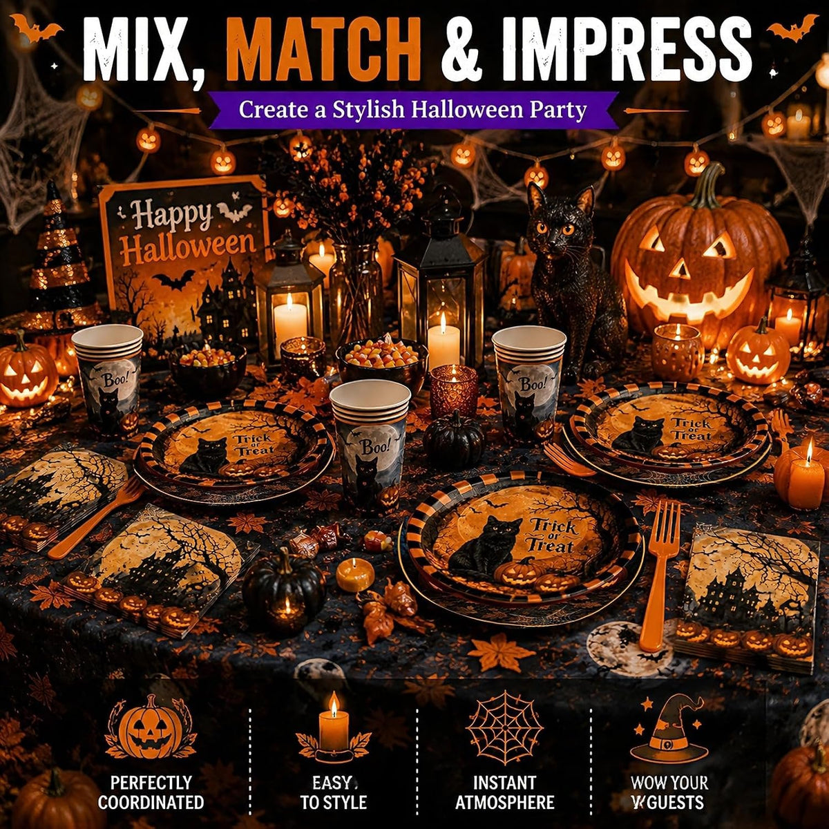 Halloween Party Supplies Plates and Napkins Set, Halloween Disposable Tableware with Dinner Plates, Dessert Plates, Cups, Napkins, Forks & Tablecloth for Halloween Party Decorations, Serves 24