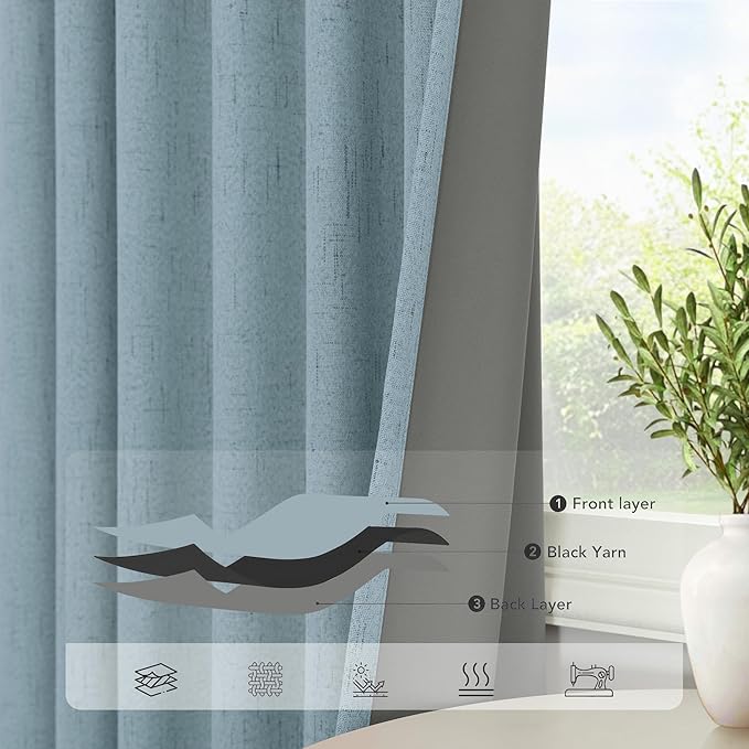 Slate Blue Curtains 108 Inches Long 2 Panel Burg 100% Blackout Boho Linen - Image 5