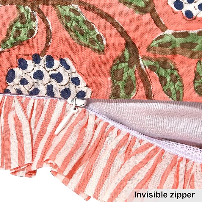 Ridhi Dark Salmon Pink 100% Cotton Block Print Ruffle Lumbar Sham Cover - Image 5