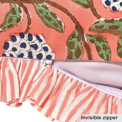 Ridhi Dark Salmon Pink 100% Cotton Block Print Ruffle Lumbar Sham Cover - Image 5