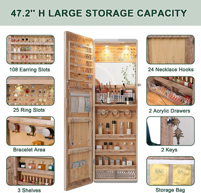 hnebc over the door jewelry organizer with led, close-up detail