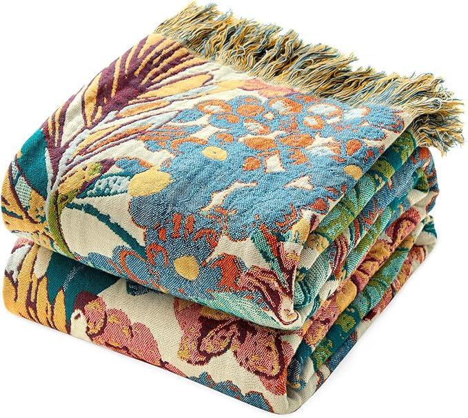 MSGKV Boho Throw Blanket for Couch 50"x60" 100% Cotton Vine Embroidery Blanket by MSGKVHomeTextiles