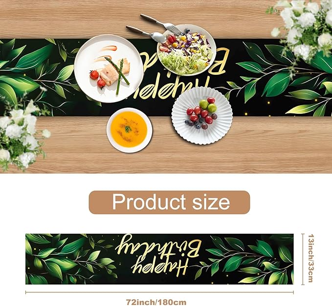 Happy Birthday Table Runner – Green Leaf and Gold Lettering Party Table Decor – - Image 2