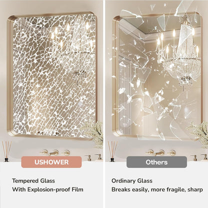 ushower gold bathroom mirrors for over sink 24"x36" showing dimensions