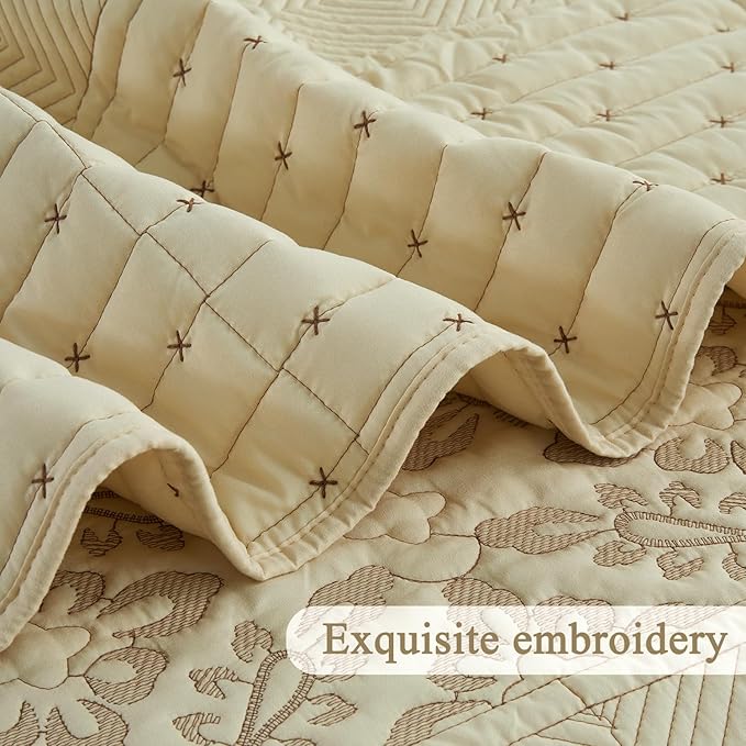 EVENHUG Floral Embroidered Quilt Set King Size 3 Piece Bedding Set Reversible - Image 8