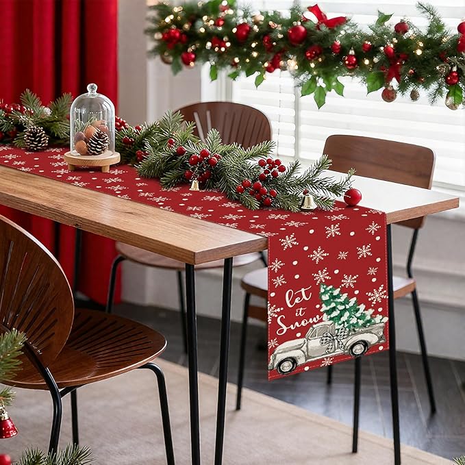 OTOSTAR Truck Christmas Tree Let It Snow Christmas Table Runner, Xmas Seasonal - Image 8