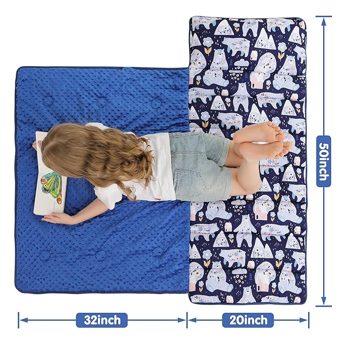 Viviland Toddler Kid Nap Mat for Preschool, Girls Deep Blue Bear Slumber Bag - Image 2
