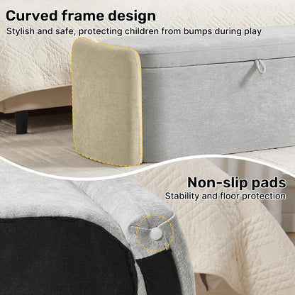 oval ottoman bench with 20 gal of storage showing dimensions