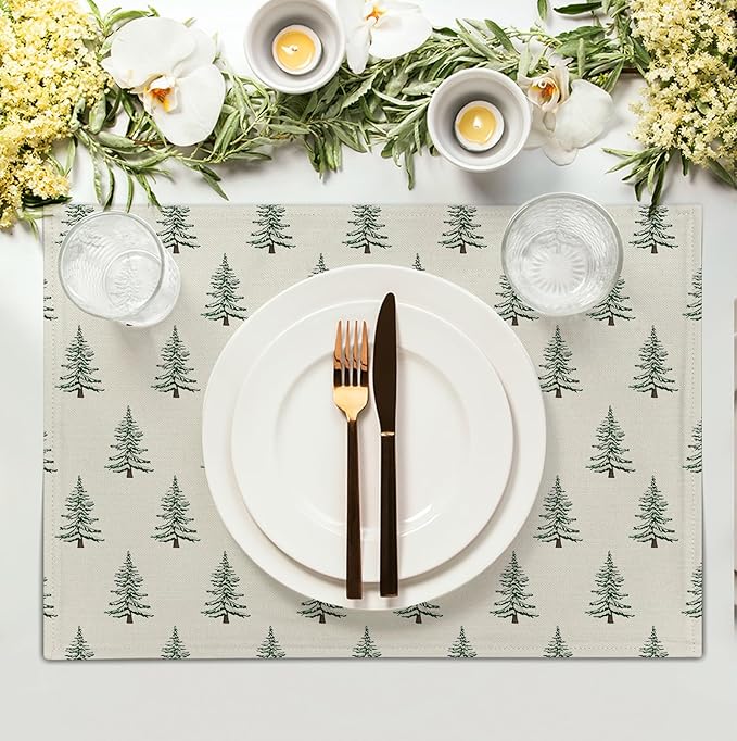 Pine Trees Christmas Placemats Set of 4 Xmas Tree Vintage Rustic Print Place - Image 3