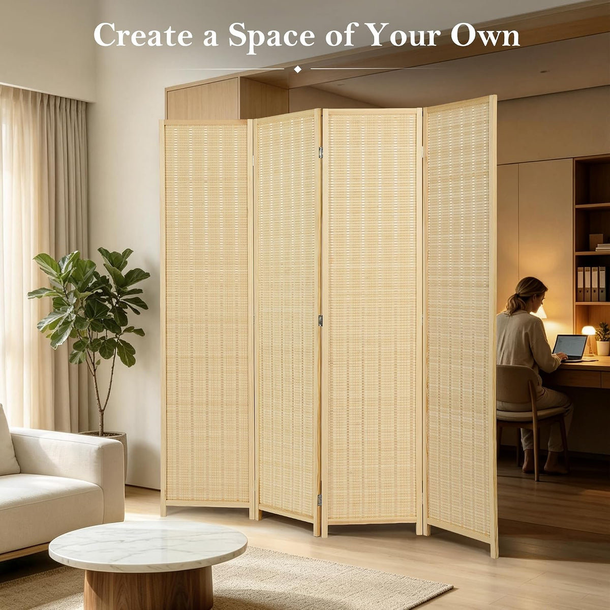 4 panel bamboo room divider, folding privacy screen showing dimensions