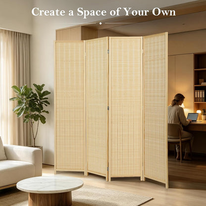 4 panel bamboo room divider, folding privacy screen showing dimensions