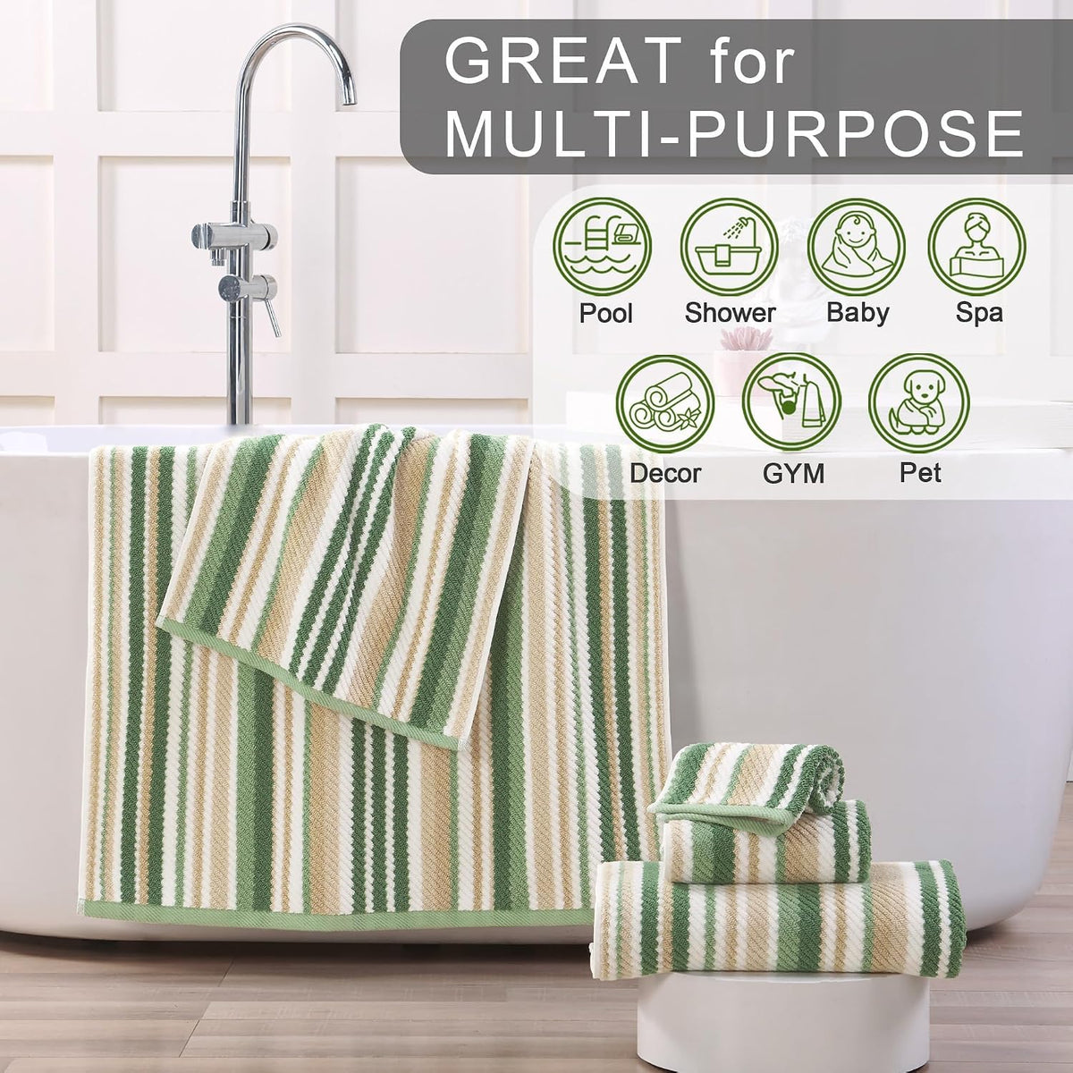 voova & movas sage green striped towels, cotton showing dimensions