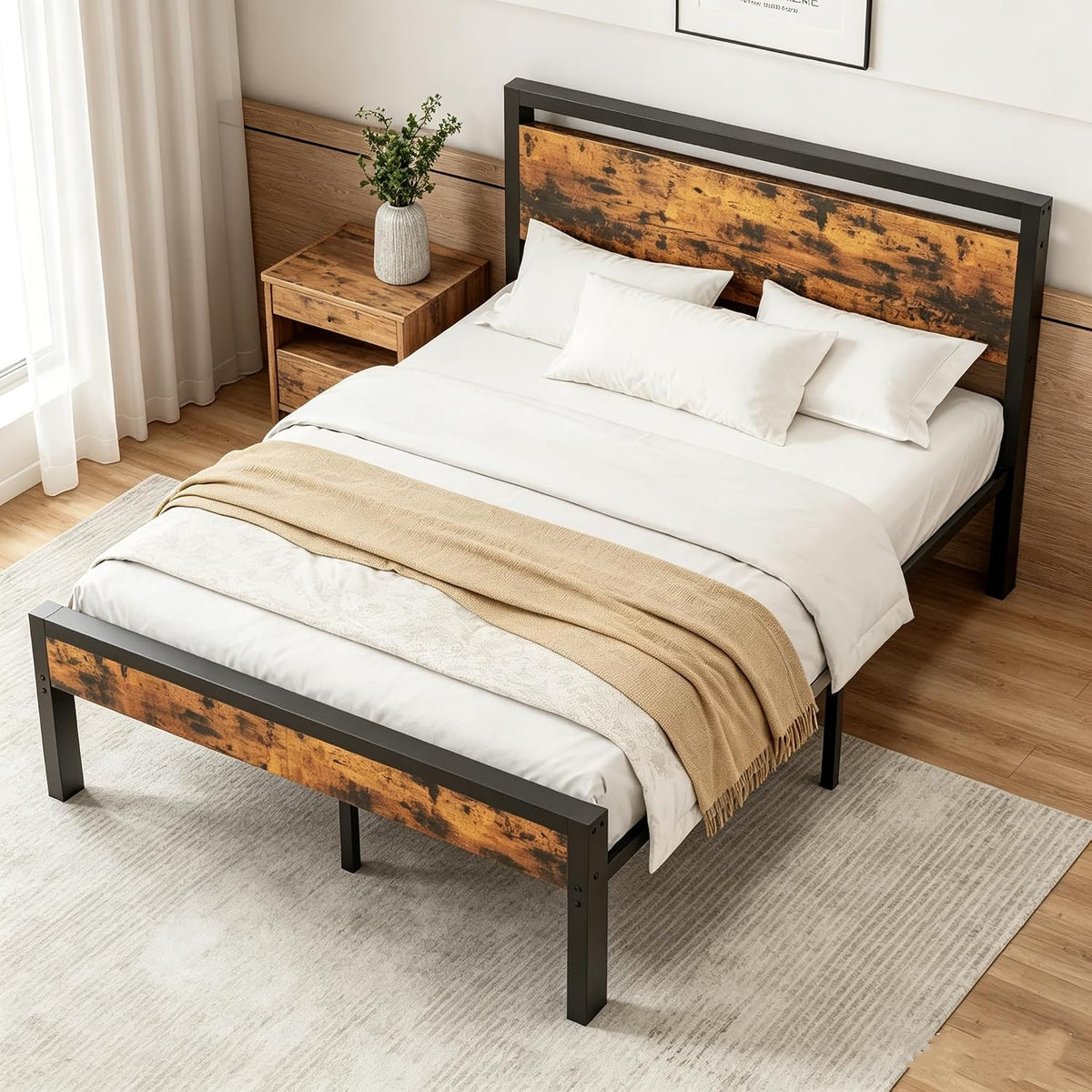 olixis metal queen bed frame with wood headboard, front angle view