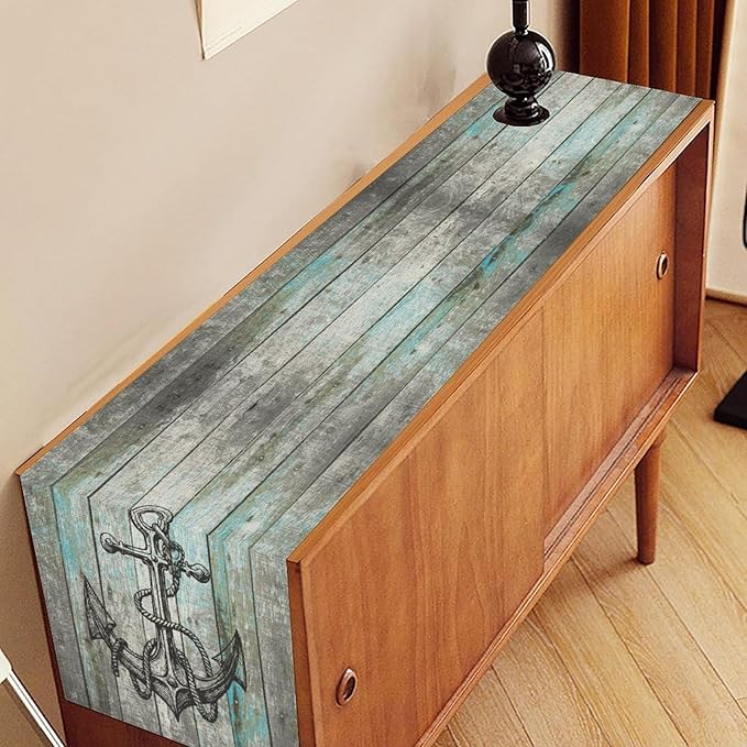 Nautical Anchor Table Runner, Retro Coastal Ship Anchor Wooden Plank Vintage - Image 3