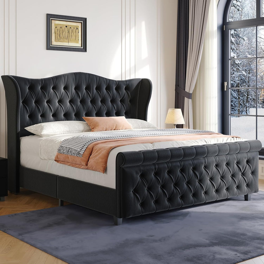 koorlian Queen Bed Frame Upholstered Wingback Headboard Sleigh Footboard