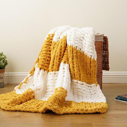 Battilo Mustard Yellow Chunky Knit Throw Blanket, Soft and Thick Chenille Throw - Image 3
