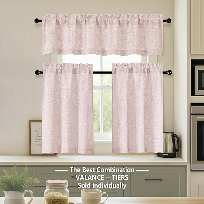 OVZME Blusg Pink Kitchen Curtains 24 Inch Length, Light Filtering Faux Linen - Image 2
