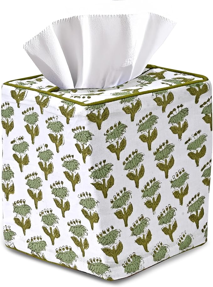 CPC Emerald Green Hand Block Printed Cotton Tissue Box Cover 5" x 5" x 5.5" by COTTONPRINTCLUB