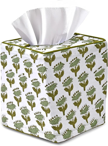 CPC Emerald Green Hand Block Printed Cotton Tissue Box Cover 5" x 5" x 5.5" by COTTONPRINTCLUB