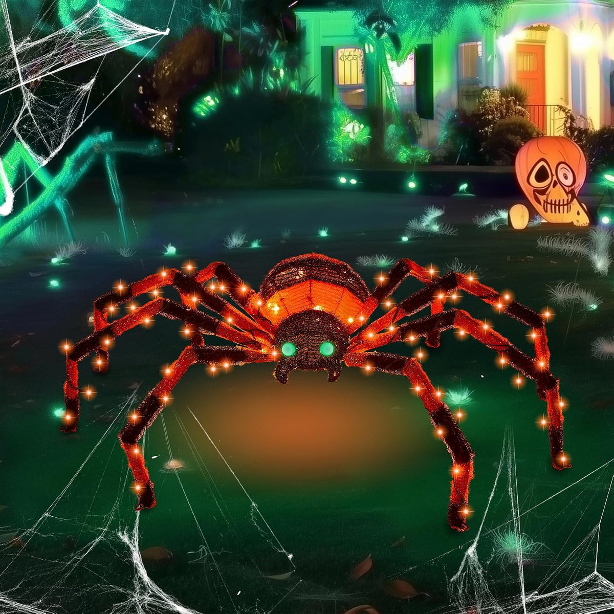 4.2Ft Giant Spider Halloween Decorations Outdoor 52" Light Up Spider with 90 LED Lights for Front Yard, Porch, Garden, Lawn, Halloween Party (Orange)