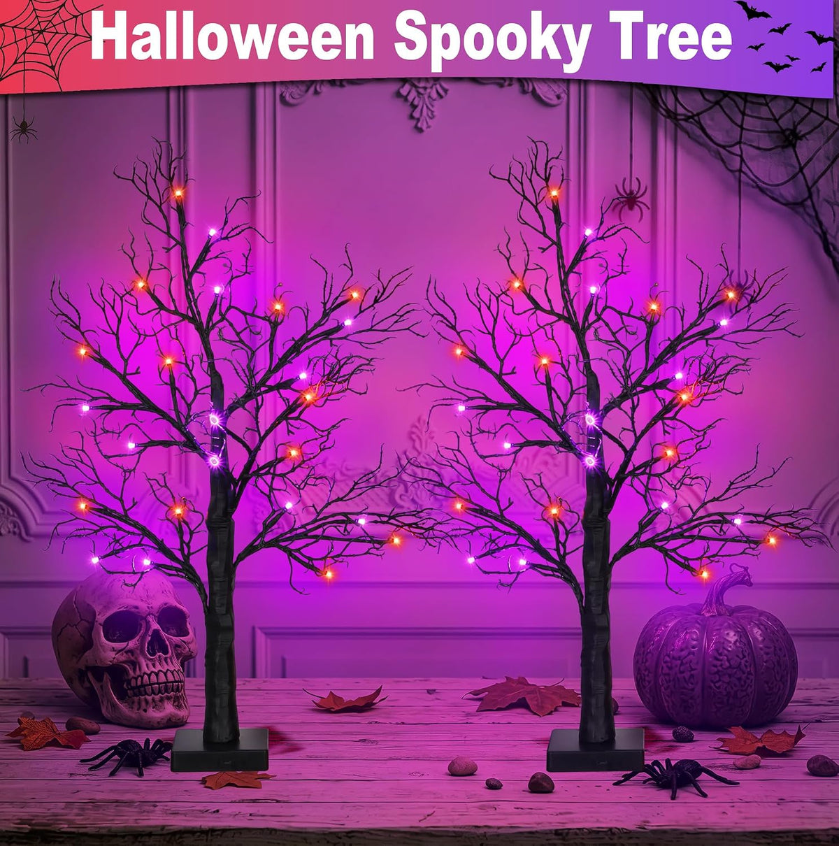 [Timer] 2 Pack Halloween Decorations Indoor, 24 Inch Lighted Black Halloween Tree with 24 Orange & Purple Lights, USB or Battery Powered Spooky Tabletop Tree for Home, Party, Fireplace & Holiday Decor