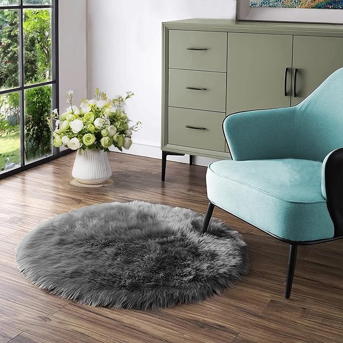 Latepis Dark Grey Round Rugs 5ft Faux Sheepskin Fur Rug by Latepis