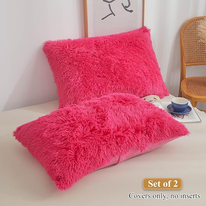 XeGe Faux Fur Fluffy Pillow Cases, Soft Plush Shaggy Furry Hot Pink Pillowcases - Image 2