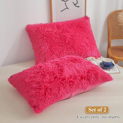 XeGe Faux Fur Fluffy Pillow Cases, Soft Plush Shaggy Furry Hot Pink Pillowcases - Image 2
